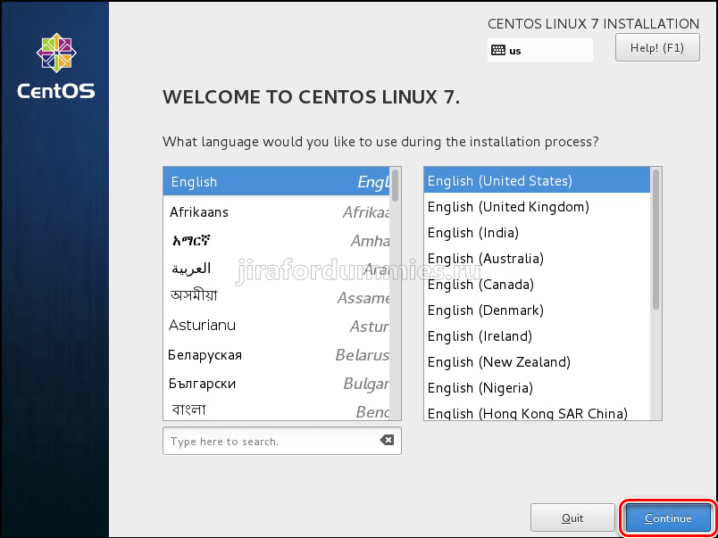 Установка CentOS 7. Выбор языка